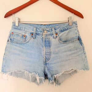 Levis 501 Big E High Rise Cut Off Jeans Button Fly Light Wash Distressed Sz 27